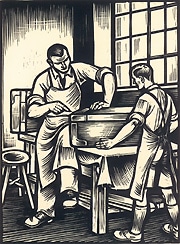 オファーマンの製鞄業は皮革製トランクの生産から始まった。写真はそのトランクの製作を表した広告用の版画。