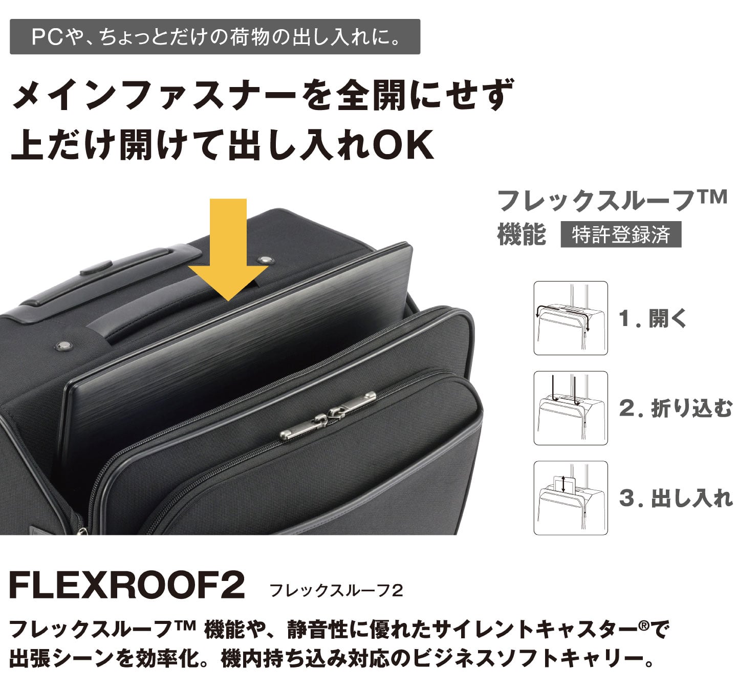 ace. FLEXROOF2（フレックスルーフ2）フレックスルーフ機能やサイレントキャスターを備え、出張シーンにおける効率化を追求したジッパータイプのキャビンサイズラゲージシリーズ